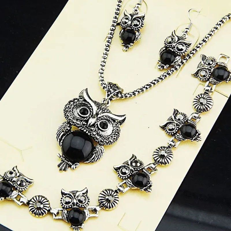2015 New Charms Owl Natural Black Stone Antique Silver P Earrings Necklace Bracelet Vintage Womens Jewelry Set 1093
