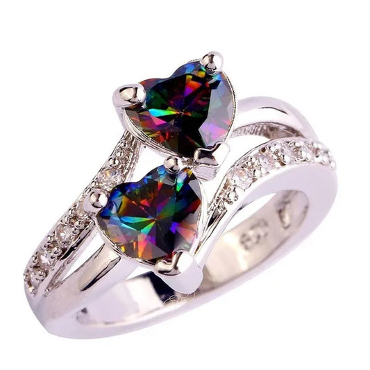 Exquisite 925 Sterling Silver Double Love Heart Rings Natural Sapphire Gemstones Crystal Diamond Wedding Engagement Ring Jewelry Accessories