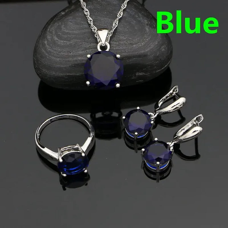White Topaz 925 Sterling Silver Jewelry Ring Pendant Chain Earrings Set Classic Wedding Jewelry for Women Bride 3pcs