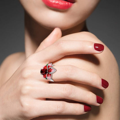 Beautiful Red Enamel Rose Ring for Women Blossom Flower Rings with Pear Cut Cubic Zirconia Cocktail Summer Ring RA627