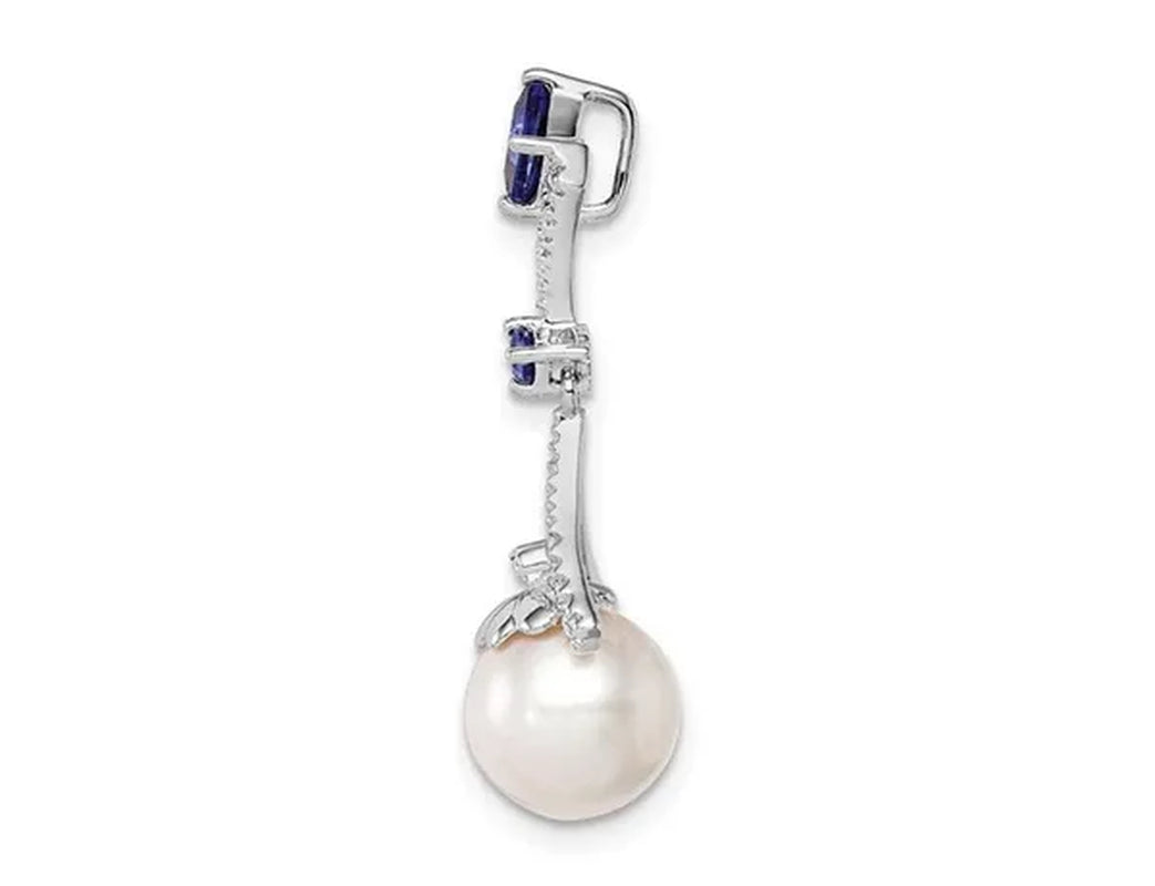 3/10 Carat (Ctw) Lab Created Blue Sapphire and 8Mm Freshwater Cultured Pearl Pendant Necklace in Sterling Silver with Chain