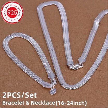 Women's Charm 925 Sterling Silver 6MM Fine Soft Flat Snake Chain Bracelets Elegant Necklace Bridal Wedding Jewelry Set