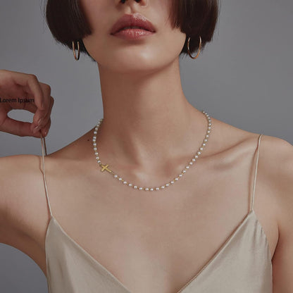 14K Gold Plated Cross Necklace for Women, Gold Pearl Necklace with Cross Pendant Dainty Cross Choker Necklace Trendy Faith Jewelry Religious Gifts