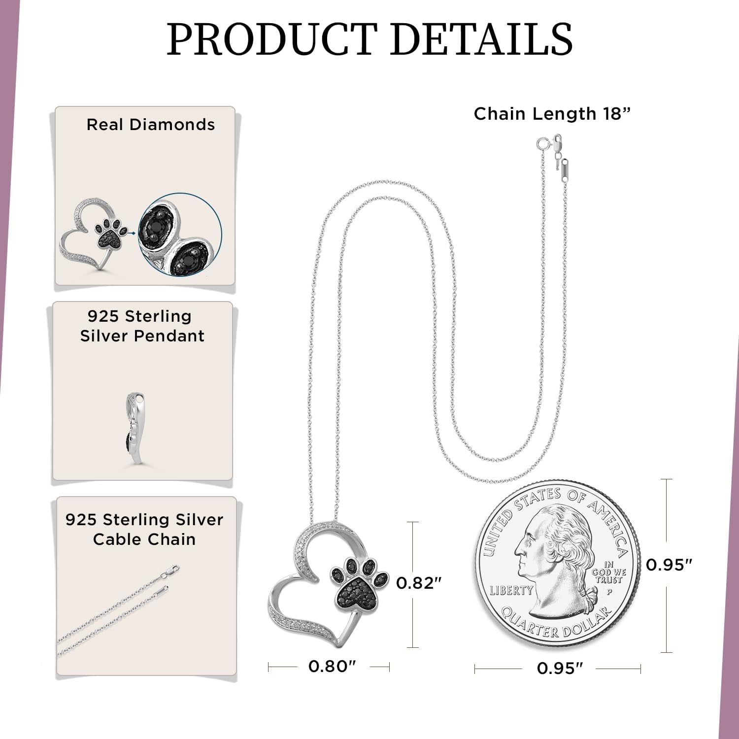 Womens Heart with Dog Paw in Sterling Silver Necklace 18 Inch Cable Chain