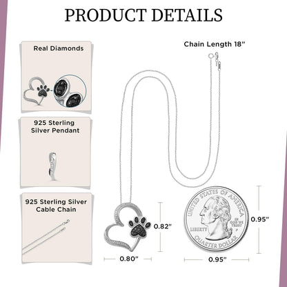 Womens Heart with Dog Paw in Sterling Silver Necklace 18 Inch Cable Chain