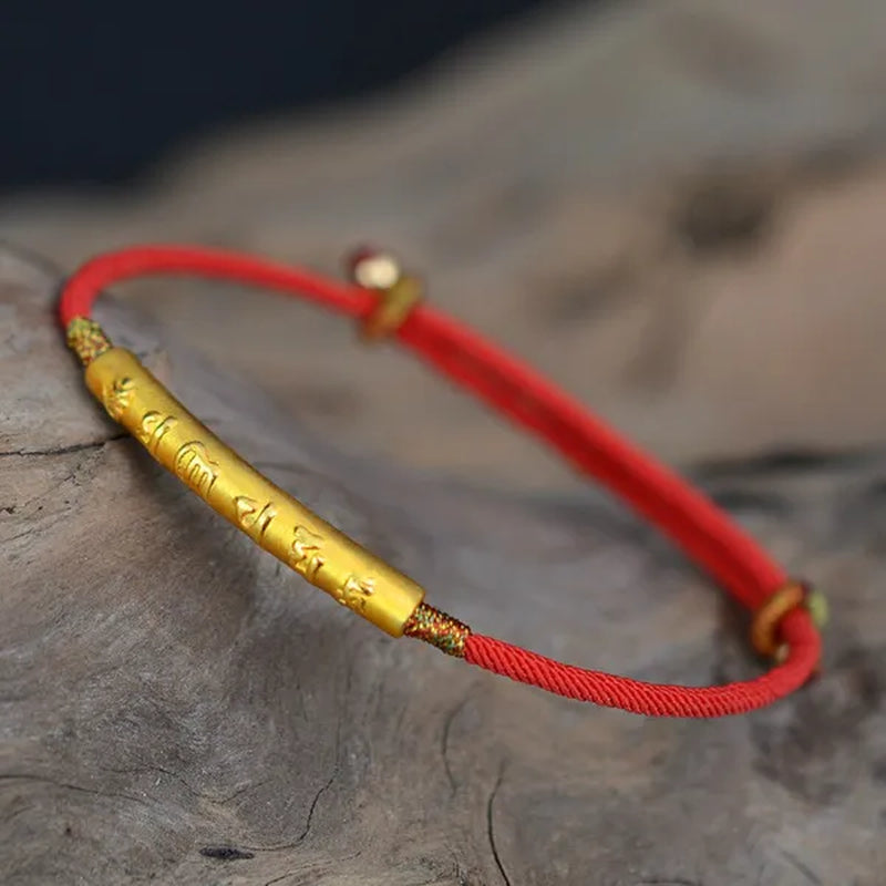 Tibetan Buddhism 999 Sterling Silver Six Words Mantra Charm Bracelet Lucky Red Wax String Handmade Amulet Jewelry