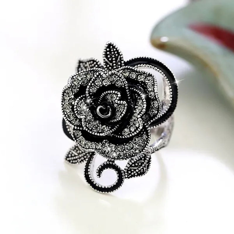 US/UK Trendy Women Retro Rose Flower Ring Black Crystal Vantige Big Flower Rings Jewelry Gift