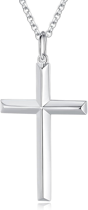 White Gold Plated 925 Solid Sterling Silver High Polished Heavy-Duty Cross Crucifix Pendant Necklace Fine Jewelry Gifts for Him Men Father, Rolo Chain Length 24 INCH/ 60CM