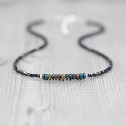 Ethiopian Welo Opal & Black Spinel Necklace. Sterling Silver, Rose, Gold Filled. Dainty Gemstone Choker.