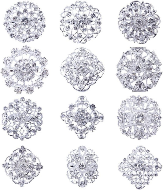 Brooches and Pins for Women, Gold or Silver Color with Rhinestone Crystal Flower Brooch Pins for Wedding Bouquet Party Decoration Broaches Set
