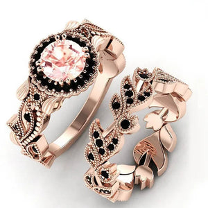 2 Pieces/set of Exquisite Fashion Ideas flowers Ring Black Zircon Ring Flower Vine Ladies Ring Jewelry  Wedding Ring Princess Proposal Ring Anniversary Gift (size: 5-11)
