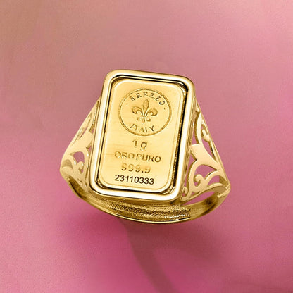 Italian 24Kt Yellow Gold Fleur-De-Lis 1-Gram Ingot Ring with 14Kt Yellow Gold Band