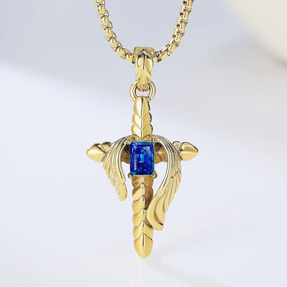 Cross Necklace for Men Women, Angel Wings Stainless Steel Pendant with Created Sapphire Blue Stone, 14K Gold Plated Titanium Steel, Inspirational Faith Jewelry Gifts, 24 Inches Chain (Gold)