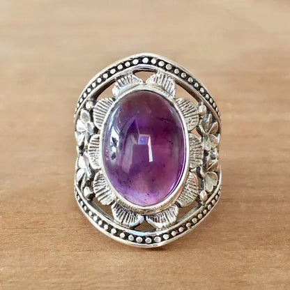 Exquisite Women'S Vintage Rings, Ancient Silver Inlaid Purple Moonstone Opal Onyx Stone Beautifully Carved Flower Pattern Women'S Fashion Jewelry, Party Banquet Business Casual Jewelry, Memorial Day Gift European and American Hot Selling