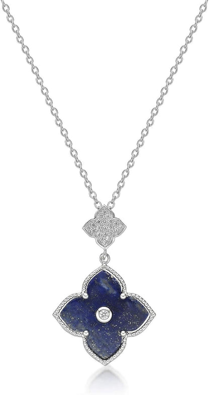 Black Onyx or Mother of Pearl and Cubic Zirconia Double Flower Pendant Necklace in 925 Sterling Silver with Gold Plating 16 to 18 Inches Adjustable Chain Spring Ring