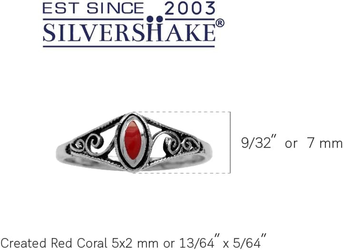 Petite Created Red Coral Inlay 925 Sterling Silver Filigree Swirl and Spiral Style Ring Size 5