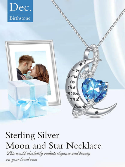 I Love You to the Moon and Back Necklace Sterling Silver Heart Birthstone Necklace Birthday Jewelry Gifts for Women
