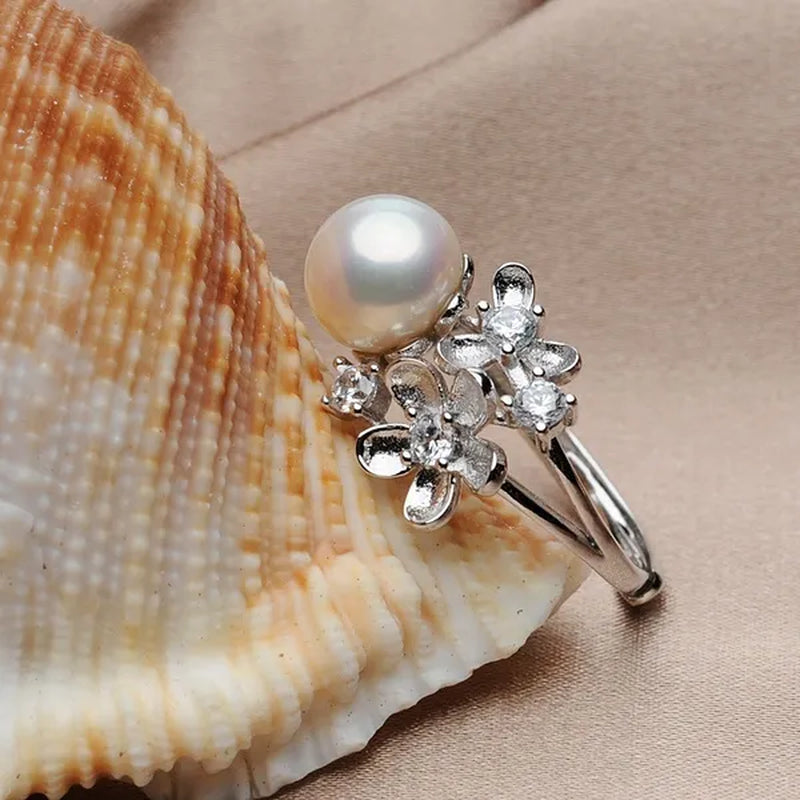 Flower 925 Sterling Silver White Natural Freshwater Cultured Pearl Ring for Women'S Fine Jewelry