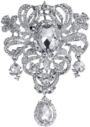 Extra LARGE Antique Vintage Art Deco Victorian Style Silver Tone Imitation Diamond Clear Rhinestone Statement Bridal Wedding Brooch Pin