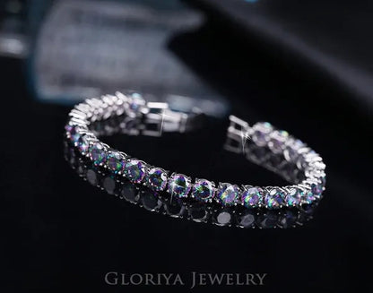 Gloriya Perfect 0.5 Carat Round Cut Mystic Rainbow Crystal Silver Plated Fashion Ladies Tennis Bracelet For Women Jewelry