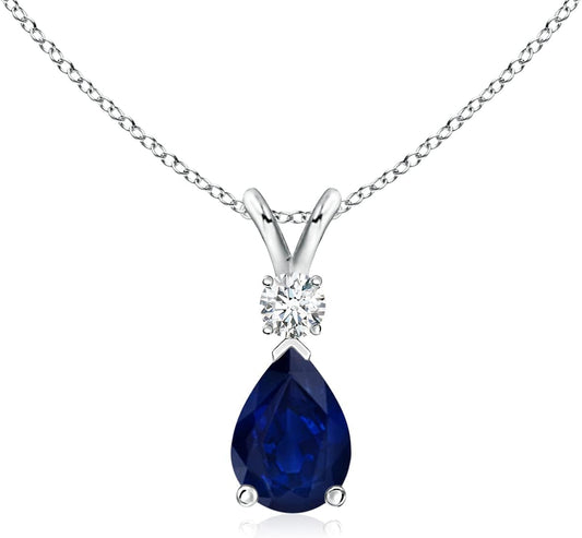 Natural 0.75 Carat Blue Sapphire Teardrop Pendant Necklace for Women with Diamond in 14K White Gold with 18 Inch Chain | September Birthstone Jewelry Gift