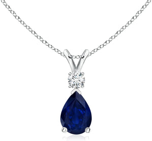 Natural 0.75 Carat Blue Sapphire Teardrop Pendant Necklace for Women, Girls with Diamond in 14K White Gold with 18 Inch Chain | September Birthstone Jewelry Gift