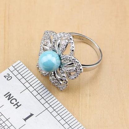 Flower 925 Silver Jewelry Set Blue Pearl with Beads Pendant Drop Earrings Rings Necklace for Women