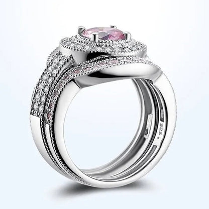3pcs/set Top Quality 925 Sterling Silver Round Cut 8.8CT Pink & White Topaz Bridal Engagement Wedding Ring Sets