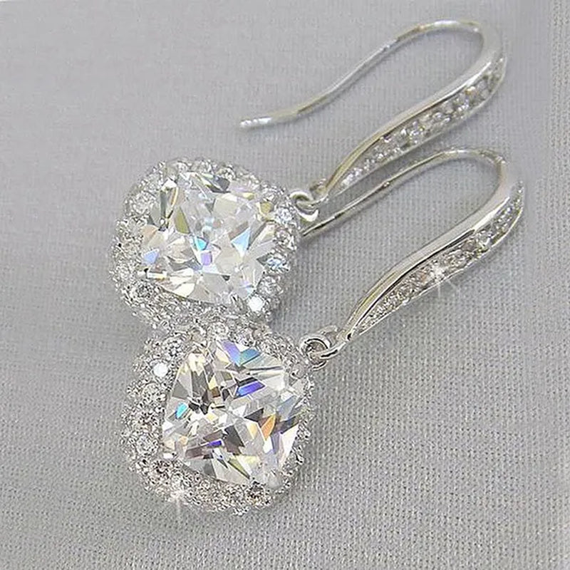 1 Pair Fashion White Sapphire Drop Earrings Bridal Wedding Ring Engagement Jewelry Princess Square Cut Moissanite Earrings White Diamond Crystal Earrings Anniversary Jewelry Lover's Gift