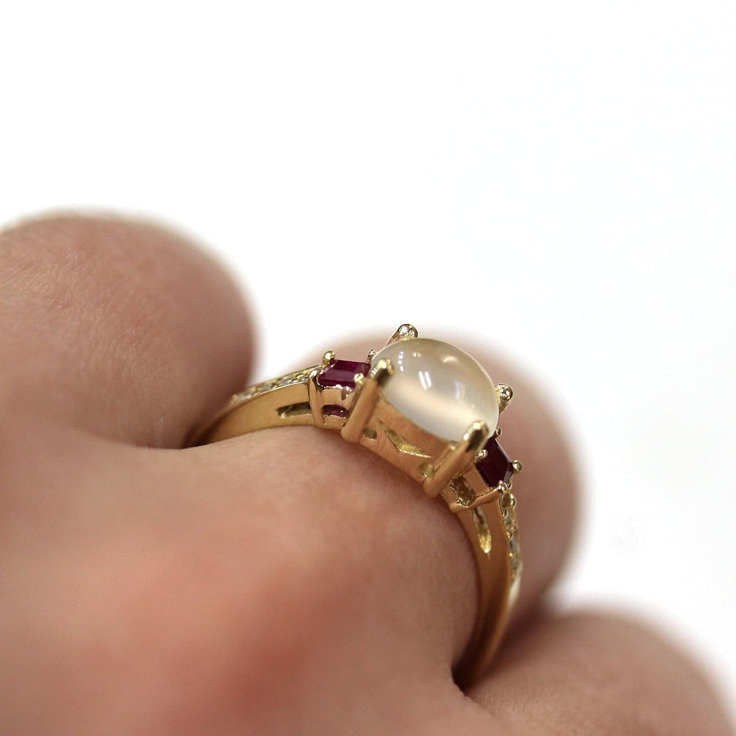 2.65 Ct Tw Natural Cabochon Moonstone, Red Ruby & Diamond Solid 14K Rose Gold 3 Stone Engagement Ring for Women 6 Mm (18K White Gold, 5.75)