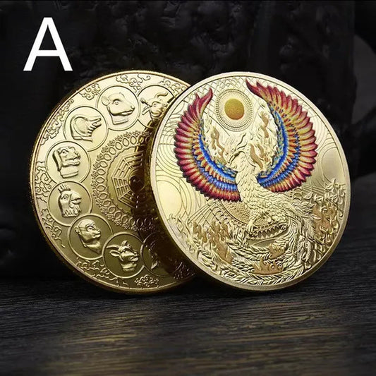 Divine Bird Phoenix Zodiac Commemorative Coin Chinese Lucky Auspicious Divine Bird Replica Gold-Plated Silver Collectible Gift Craft Souvenir