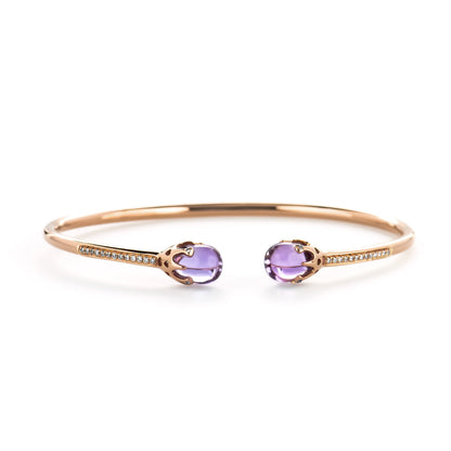 14K Rose Gold round Natural Diamond Gemstone Amethyst Bangle Cuff Bracelet for Women, Girls (0.12 Carat T.W, G-H Col,Or, SI1-SI2 Clarity) Mothers Day Gift