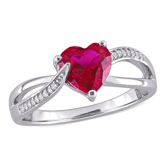 Women'S 1-5/8CT Heart-Cut Created Ruby Diamond Accent Sterling Silver Heart Crossover Ring