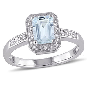Women'S 1 Carat T.G.W. Emerald-Cut Aquamarine and Diamond Sterling Silver Cocktail Ring