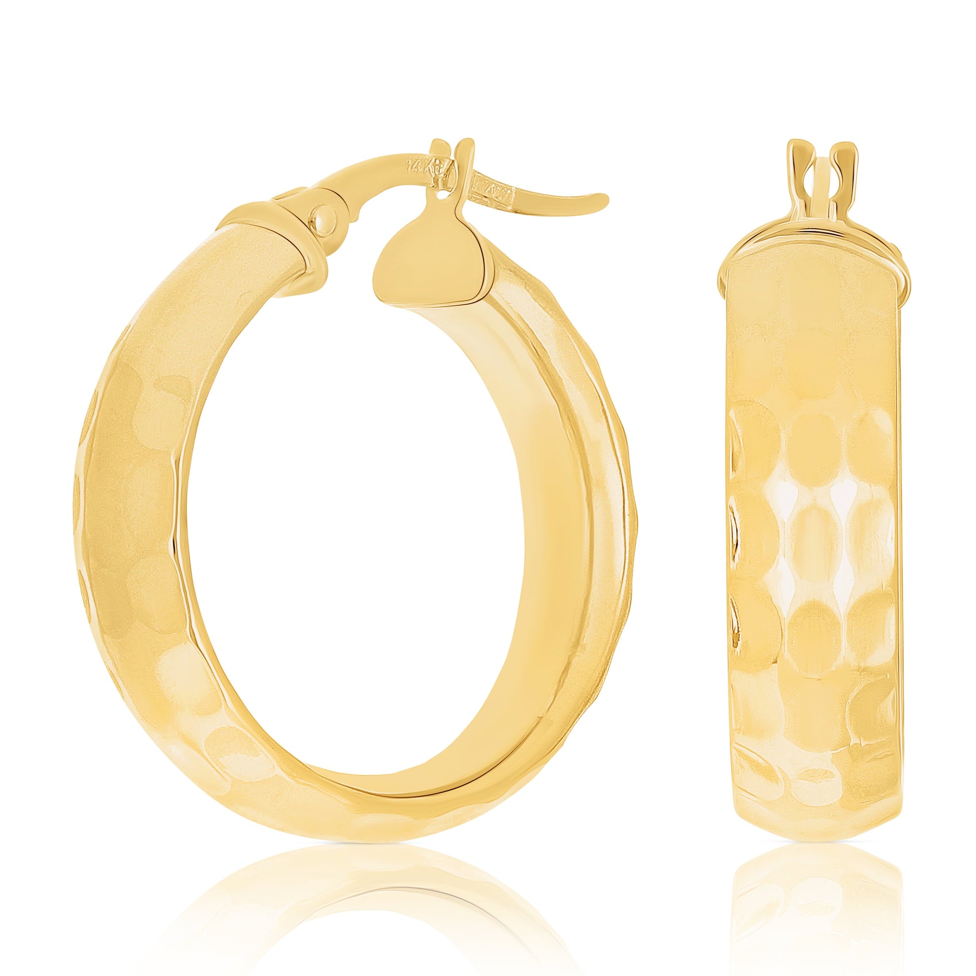 Italian 14K Yellow Gold Polished Hammered Rounded Flat Medium Hoop Earrings