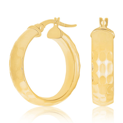 Italian 14K Yellow Gold Polished Hammered Rounded Flat Medium Hoop Earrings