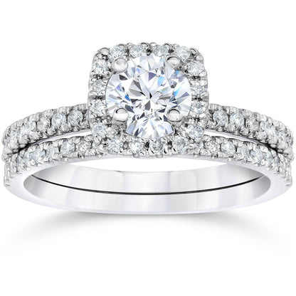 Pompeii 1 Cttw Cushion Halo Diamond Engagement Wedding Ring Set 10K White Gold (H/I,I1-I2)