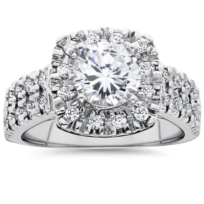 Pompeii 2 Ct Diamond Cushion Halo Engagement Ring Double Row Solitaire White Gold