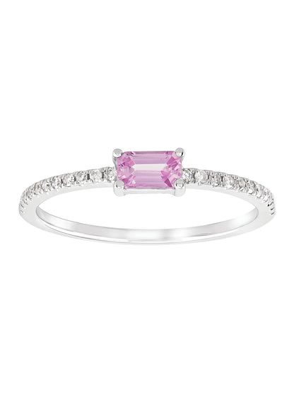 Women'S  Natural Emerald-Cut Pink Sapphire Ring with 1/10 Ct Diamonds in 14Kt Gold
