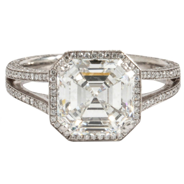 GIA 3.03 Carat Asscher Cut Diamond Platinum Micro Pave Engagement Ring