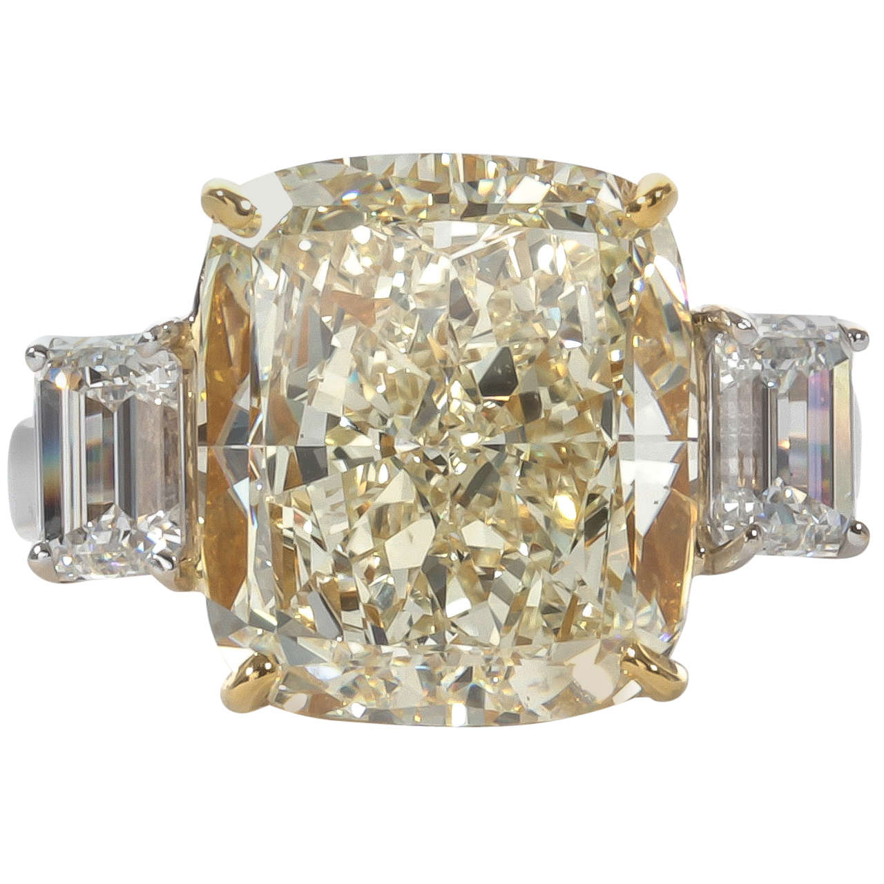 Fancy Yellow 10.06 Carat Cushion Cut Diamond Platinum Gold Ring