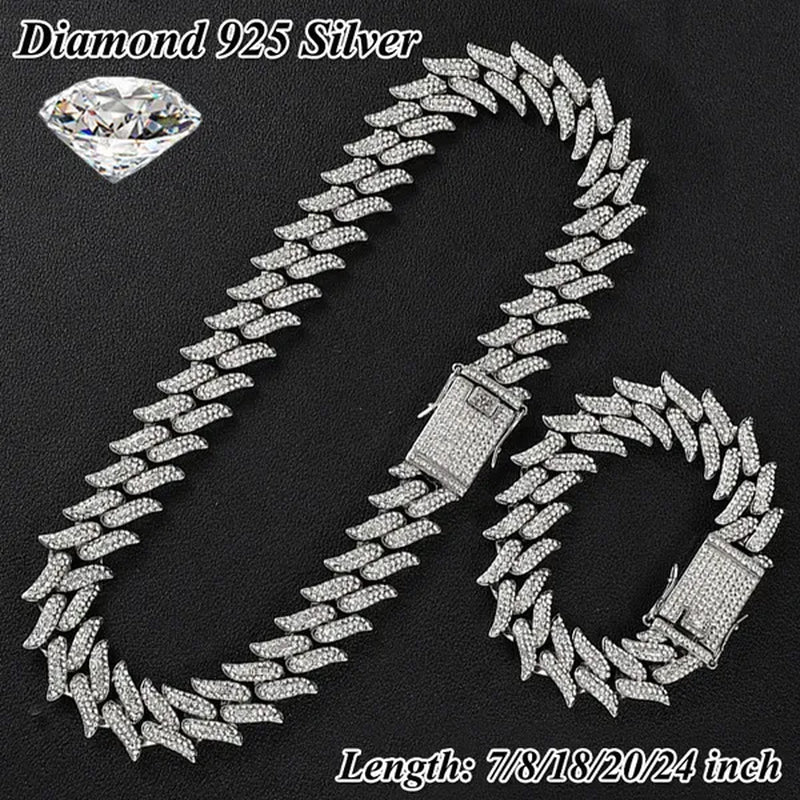 Iced Out Chain 925 Silver Diamond Miami Cuban Chain Link Choker Hip Hop Jewelry Silver Chain for Men Necklace Bracelet 7-24 Inch