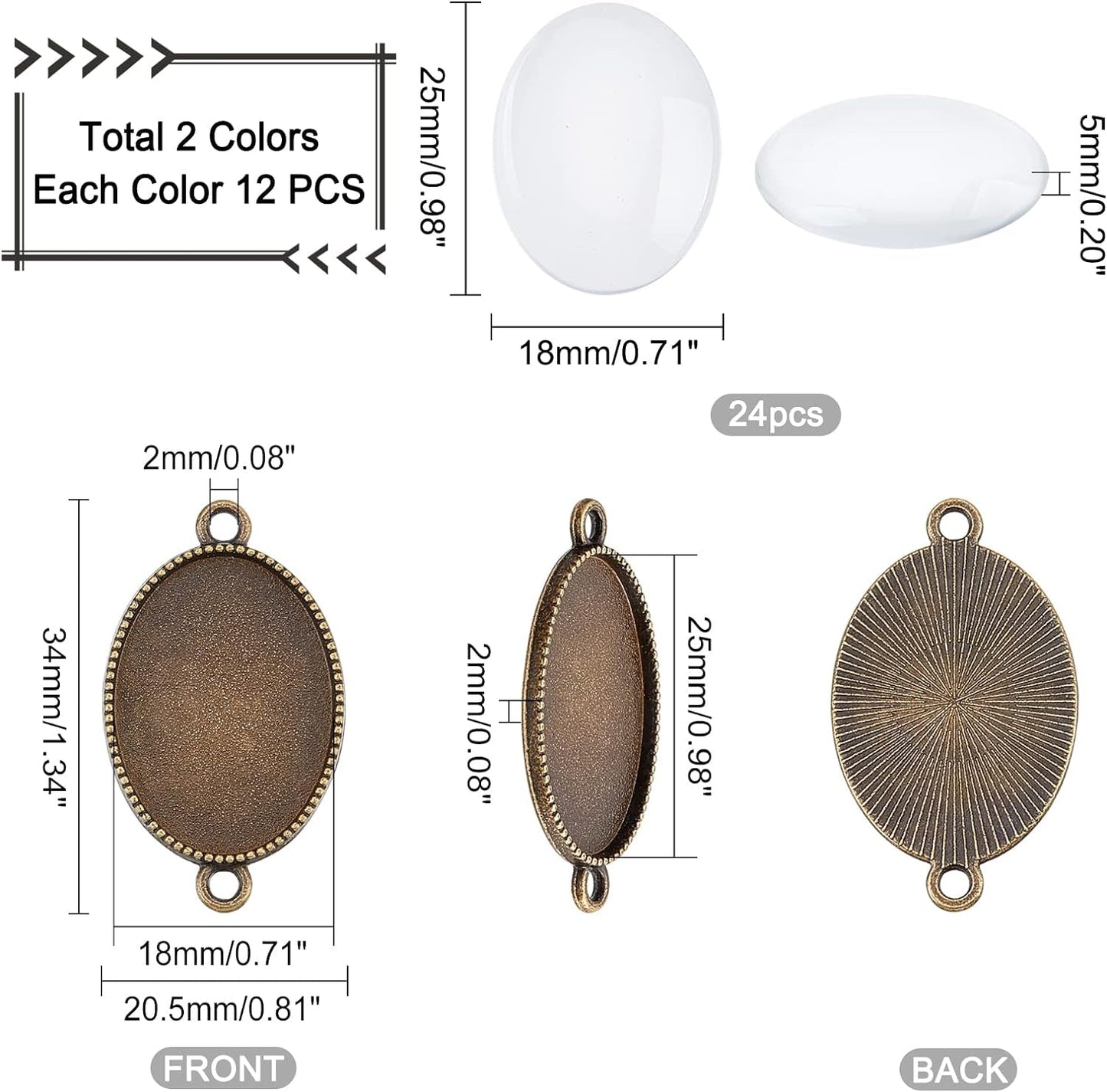 24Pcs Double Holes Photo Charms Connector Pendant Tray Blanks Bezel Cabochon Settings with 24Pcs Glass Cabochon Tiles Memorial Photo Pendant for Bouquet Wedding Graduation Photo Charm