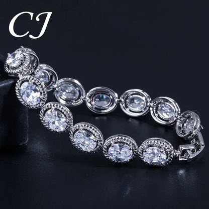CANDICE European Clear Oval CZ Stone Necklace Earrings Tennis Bracelet Ring for Women Fashionable Sterling Silver Plated Plated Party Jewelry Set