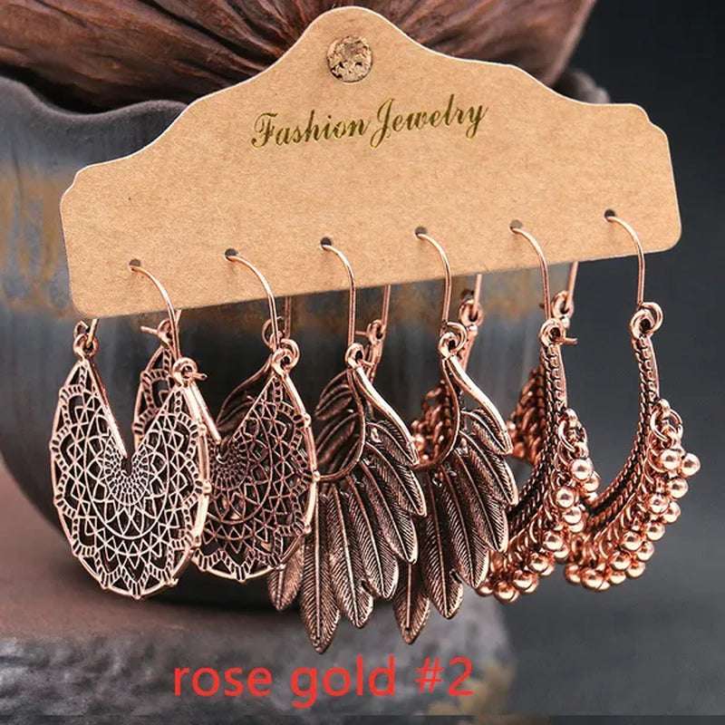3 Pairs Women's Fashion Jewelry Vintage Bohemian Ethnic Carved Dangle Earrings for Women Charm Geometry Leaves Hoop Earring Wedding Engagement Party Banquet Earrings
