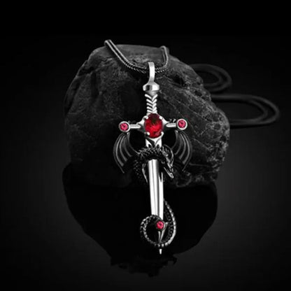 2021 New Retro Men's 316L Stainless Steel Ruby Sword and Dragon Pendant Necklace Punk Men's Party Necklace Best Jewelry Gift