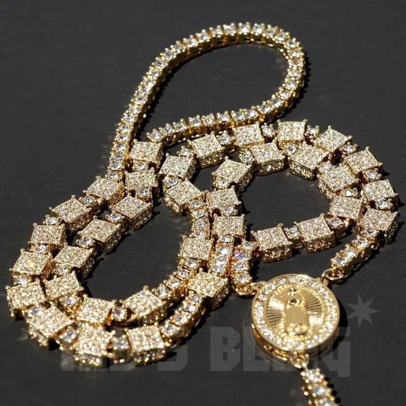 Men'S 14K Gold CZ Iced Simulated Diamonds ROSARY SQUARE Jesus Cross Pendant 30" Chain Necklace