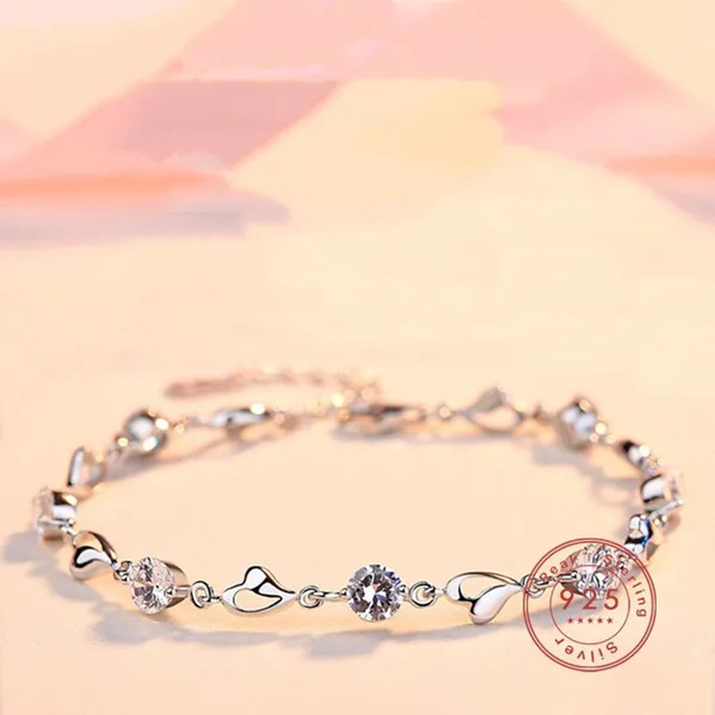 Hot 925 Sterling Silver Zircon Love Heart Shaped Bracelets Crystals  for Women Valentines Gift Wedding Party Cute Jewelry