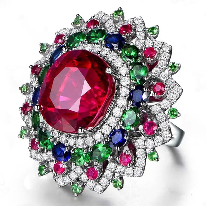 Luxurious  Silver Natural Gemstones Ruby And Emerald and Sapphire White Sapphire Wedding Birthstone Bride Engagement Flower Ring Jewelry Size 6 7 8 9 10