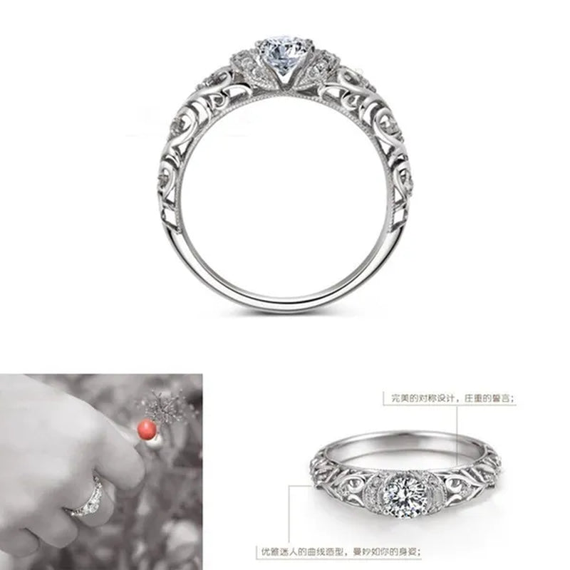 925 Sterling Silver Classical Baroque Pattern Carved White Sapphire Bride Wedding Engagement Ring Jewelry Size 4 5 6 7 8 9 10 11 12